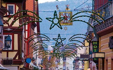 Christmas decorations lining a street in Miltenberg, Germany